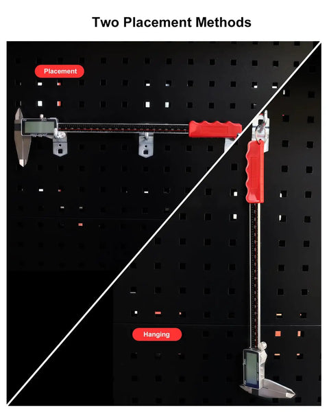 Dope Digital Caliper 12 Inch With Ultra Precision 0.001 Inch Accuracy hanging and placed on a pegboard with rubber grip