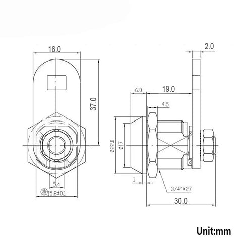 Technical drawing of Tubular Cam Lock 19mm For Drawers, Mailboxes, Tool Boxes, Game Machines And DIY Furniture Projects With Easy Install, Heavy Duty Locking Mechanism MA015 1Pcs, showing dimensions and specifications.