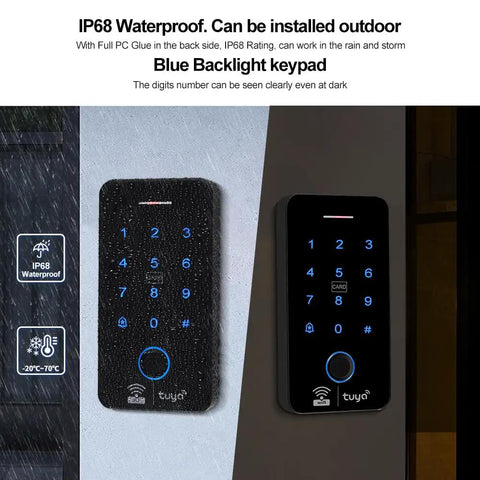 Front view of Smart WiFi Access Control Kit With IP68 Waterproof Fingerprint Keypad with blue backlight and Tuya app compatibility.