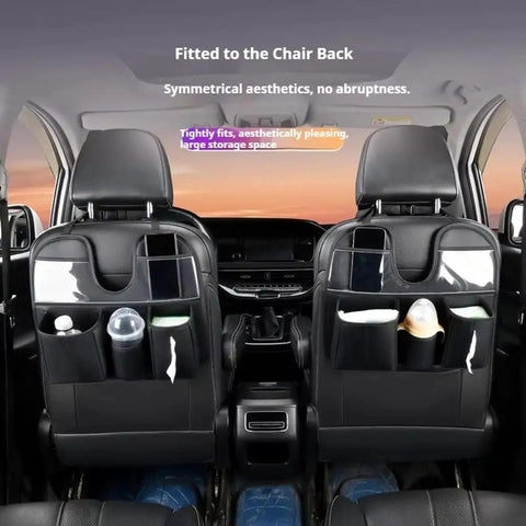 Tesla Cybertruck Rear Seat Back Organizer With Roomy Multi Pouches Heavy Duty Pu Leather Auto Storage Keeper secured on chair backs with storage pouches.