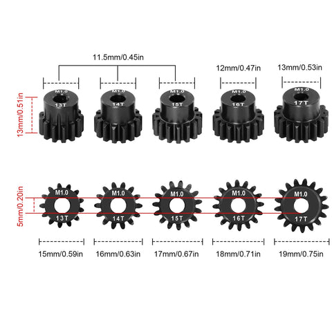 Beefed Up Five Gear Pinion Set For 1/8 And 1/10 RC Cars With 5mm Bore Hardened Steel Gears Including 13T 14T 15T 16T 17T