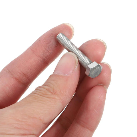 Close-up of 375-Piece Pro Grade 304 Stainless Steel Hex Bolt from Assortment Kit with Metric Threads for Auto Repair Projects