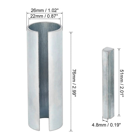 Beefy 7/8 To 1 Inch Crankshaft Sleeve Adapter Kit With Precision Step Key stainless steel dimensions shown in image.