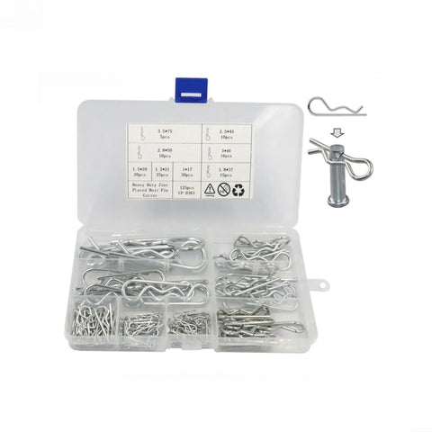 125-Piece Carbon Steel R-Type Cotter Pins Kit With Wave Shape Clips, Rust-Resistant Zinc Finish in storage box