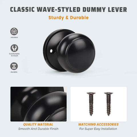 2 Pack Matte Black Dummy Door Knob Set For Single Sided Interior Use On Pantry, Closets, And French Double Doors Non Turning Push Pull Knob image with screws and quality material description.