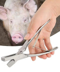 Stainless Steel Pig Ear Tag Pliers For Farm Animals Identification Tool V Shape Lightweight And Durable To Streamline Animal Tagging On The Go Perfect For Quick Ear Marks On Pigs shown held by a hand with a pig in the background.