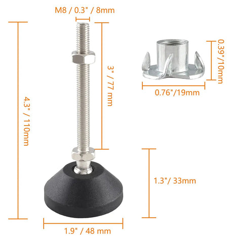 Adjustable Leveling Feet Set for Furniture and Tables, Swivel Levelers With 1.9 Inch Base, M8 Thread Size, 3 Inch Thread Length, 4 Pack.