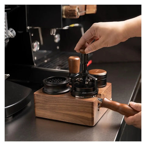 Straight Up Organized Espresso Tamper Station With Universal 51 To 58mm Base And Built In Powder Dispenser Premium Walnut Barista Organizer in use.