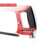 Close-up of 12 Inch Adjustable Hacksaw Frame Set With High Tension Beefy Workhorse Hand Saw Includes 10 Blades For Gardeners PVC Pipes Metal Pipes Wood Saws And DIY Projects Ergonomic Grip For Easy Cutting showing its butterfly screw and blade attachment