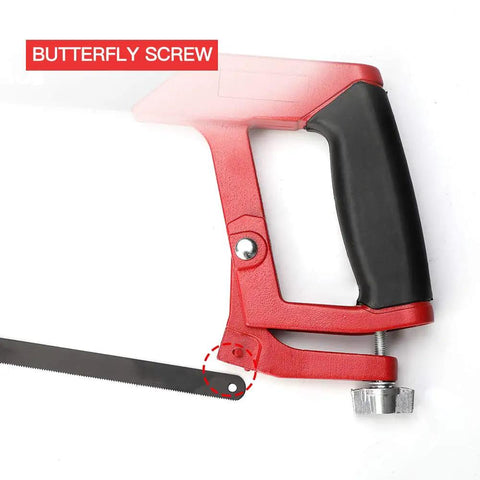 Close-up of 12 Inch Adjustable Hacksaw Frame Set With High Tension Beefy Workhorse Hand Saw Includes 10 Blades For Gardeners PVC Pipes Metal Pipes Wood Saws And DIY Projects Ergonomic Grip For Easy Cutting showing its butterfly screw and blade attachment