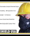 Firefighter wearing HS-2 heat shield for face and neck burn protection in black, showcasing features and material details.