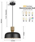 Farmhouse Pendant Lights Set, adjustable 12.4 inch hammered metal shade with E26 bulb base, dimensions and recommended bulbs shown.