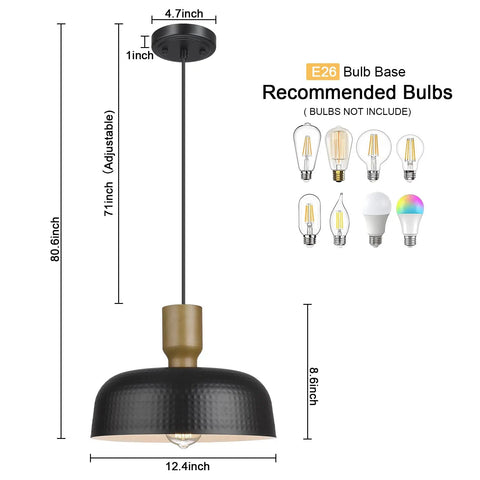 Farmhouse Pendant Lights Set, adjustable 12.4 inch hammered metal shade with E26 bulb base, dimensions and recommended bulbs shown.