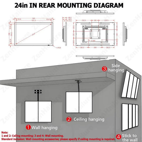 24 Inch Wall Mounted Advertising Display Screen With Full HD IPS LCD Monitor And 1080P 4K Digital Signage Board rear mounting diagram with installation options.