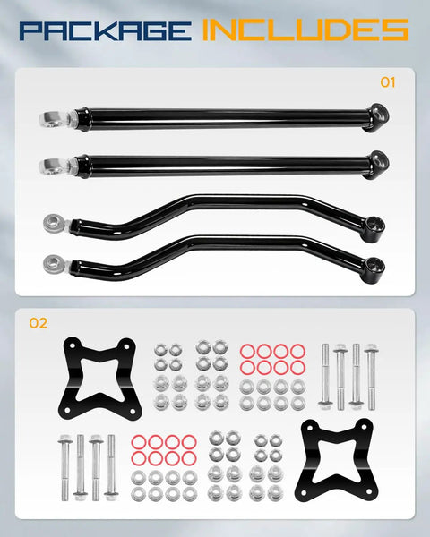Rear Radius Arm For RZR XP 1000 And 4 XP 1000 2014-2023 And XP Turbo 16-21 High Clearance Boxed Rear Radius Rods With Adjustable Heim Joints DOM Steel Tubing, kit parts