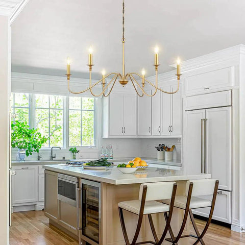 Gold 6 Light Candle Chandelier With Dope Modern Brass Farmhouse Vibe Wrought Iron Ceiling Pendant Light Fixture in kitchen