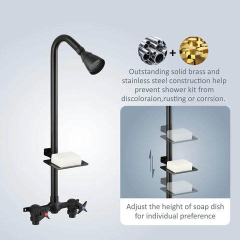 Outdoor Shower Kit With High Pressure Showerhead 2 Handle Exposed Faucet System Brass Mixing Valve 6 Inch Center Soap Dish Matte Black Finish Solid Brass Head And Valve Stainless Steel Pipe For Poolside Beach Resort Courtyard
