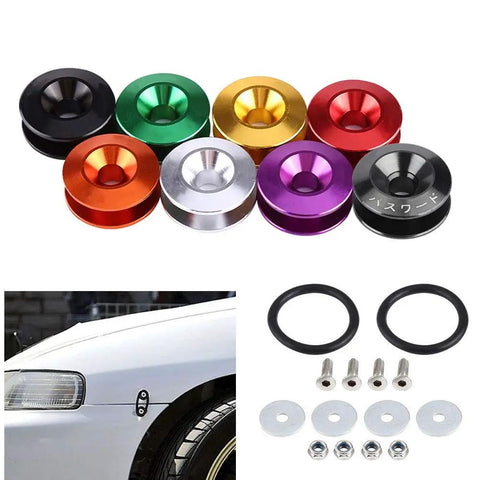 Red Universal Bumper Quick Release Kit For Cars Front And Rear Trunk Fasteners shown in multiple colors and components