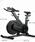 Quiet Indoor Cycling Bike With LCD Monitor And Heart Rate Tracking, dimensions displayed, side view with adjustable height.
