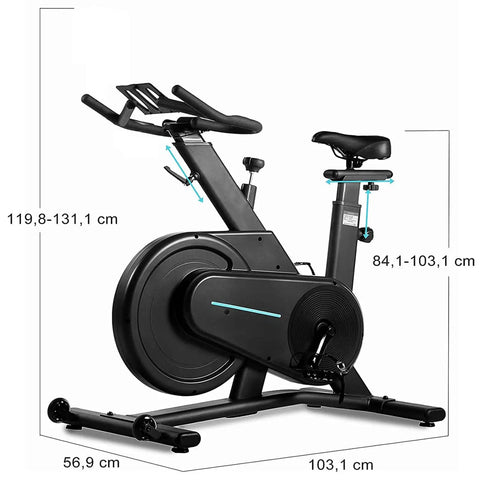 Quiet Indoor Cycling Bike With LCD Monitor And Heart Rate Tracking, dimensions displayed, side view with adjustable height.