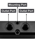 Front view of Two Way Four Port Air Compressor Manifold For Quick Tool Feed Inline Pneumatic Distribution Block with labeled ports.
