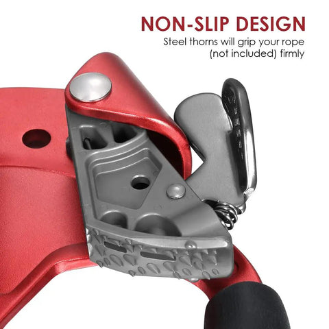 Close-up of red Climbing Hand Ascender For Rope Access 8-13mm With Ergonomic Rubber Handle on non-slip mechanism.