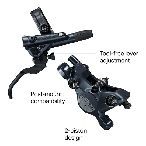 M7100 SLX Hydraulic Disc Brake Left Front Post Mount 2 Piston Caliper Lightweight Enduro Ready Smooth Lever Reach Adjust Crisp Modulation