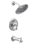 Brantford Posi-Temp Tub and Shower Trim Kit With 8 Inch Eco-Performance Rainshower Chrome Finish Valve Required M-Pact Compatible Valve Easy Install for Modern Bathrooms showing chrome rainshower head, valve, and spout