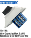 Beefy 40A Rotary Changeover Switch with Exterior Box side view showing 8 AWG wire terminal capacity and flame retardant PC housing.
