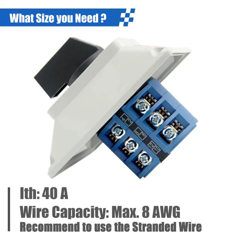 Beefy 40A Rotary Changeover Switch with Exterior Box side view showing 8 AWG wire terminal capacity and flame retardant PC housing.
