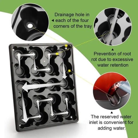 3 Inch Plastic Plant Pots Set With 100 Pots And 5 Pcs 20 Cell Seed Starter Trays showing drainage holes and water inlets