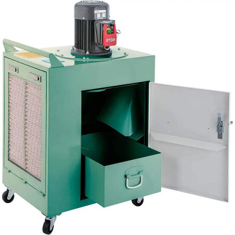 Heavy Duty Pro Rig 1.5 Horsepower Metal Dust Collector Pumping Solid 650 Cfm Airflow With Triple Stage Micro Filtration, open drawer view.