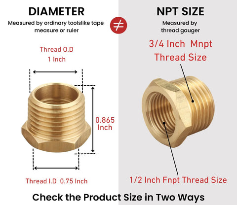 Brass 2-piece reducer hex bushing, 3/4 in MNPT male to 1/2 in FNPT female.