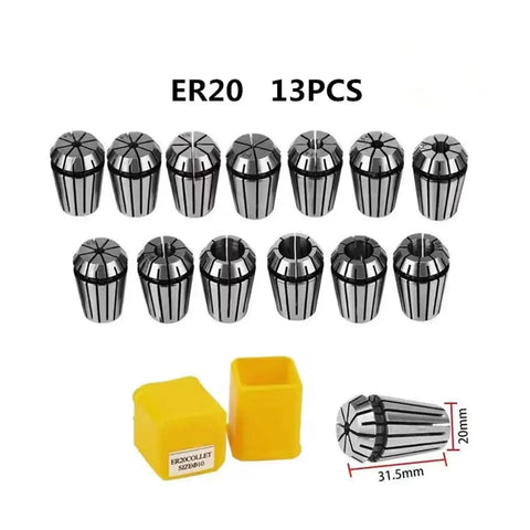 Precision Spring Collet Holder Set For Engraving CNC Milling And Lathe Tools 0.015mm Accuracy In ER8 ER11 ER16 ER20 ER25 And ER32 Sizes Durable Steel Grip For Pro Shop Jobs, 13 ER20 collets with yellow holder