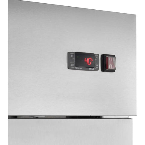 Digital display and temperature control of Heavy Duty One Door Reach In Freezer Boasting Hella Roomy Twenty Three Cubic Foot Capacity With Rock Solid Stainless Steel Construction And Smooth Rolling Casters.