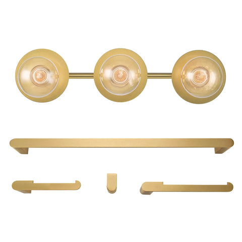 Matte Brass All-In-One 5-Piece Bathroom Set With 20-Inch 3-Light Vanity Light, Towel Bar, Towel Ring, Toilet Paper Holder, Robe Hook - Over-Mirror Powder Room Lighting With Grandmillennial Vibe