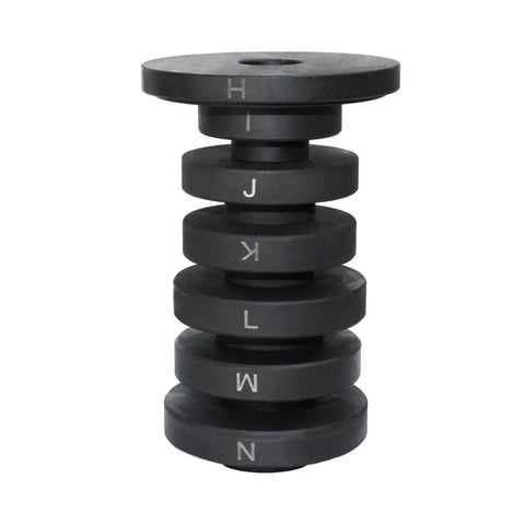 Stack of adapters labeled H-N from Pro Grade Wheel Hub Bearing Removal And Installation Tool Kit 21 Piece Set For Front And Rear Bearings No Hammer Or Press Needed For Easy Safe Auto Repair