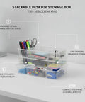 Clear Stackable Desktop Storage Box With Grid Dividers For Pens And Office Supplies, Durable PP Plastic, on desk filled with supplies