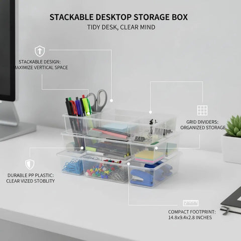 Clear Stackable Desktop Storage Box With Grid Dividers For Pens And Office Supplies, Durable PP Plastic, on desk filled with supplies