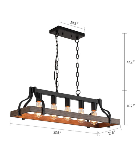 Rustic Farmhouse Kitchen Island Pendant Light With Five Lights Linear Chandelier In Black With Retro Wood Finish Industrial Vibe