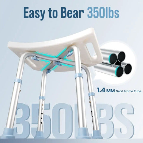 Adjustable Shower Chair With Tool Free Assembly And Anti Slip Bath Stool For Inside Shower, highlighting aluminum legs and 350 lb capacity.