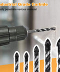 Pro Grade Concrete And Masonry Drill Bit Set 5 Piece Industrial Carbide Tip Kit with drill in action on wall surface