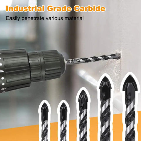 Pro Grade Concrete And Masonry Drill Bit Set 5 Piece Industrial Carbide Tip Kit with drill in action on wall surface