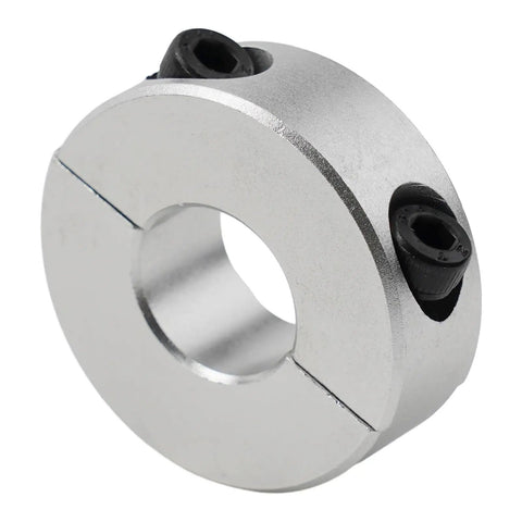 Badass Double Split Shaft Collar Clamp Fits 13 To 30mm Range Anodized Finish Durable Spacers Industrial Mechanics Fixed 20mm Ring Pro Gear For Pros Who Want Killer Parts That Build Strong Never Slip Works Under Loads In Machine Shop Setup silver split shaft collar clamp with black screws for 13-30mm shafts