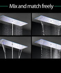 Next Level Bath Vibes 12 By 36 Inch Music Led Shower Panel With Antique Brass Finish, rainfall and waterfall modes showcased.