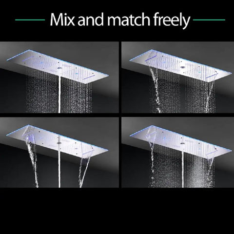 Next Level Bath Vibes 12 By 36 Inch Music Led Shower Panel With Antique Brass Finish, rainfall and waterfall modes showcased.