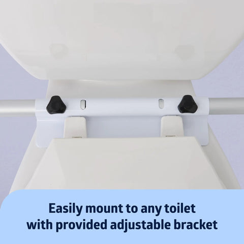 Super Sturdy Aluminum Toilet Handle Safety Rail With Folding Grab Bar Design mounted on toilet with adjustable bracket.