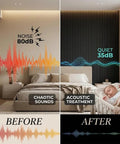 Before and after comparison showing noise reduction using 6 Pack Black Acoustic Foam Panels 1 X 24 X 24 Inch Soundproof Wedge Tiles.