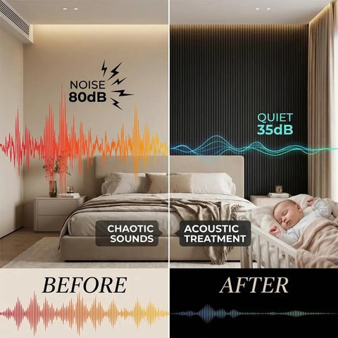 Before and after comparison showing noise reduction using 6 Pack Black Acoustic Foam Panels 1 X 24 X 24 Inch Soundproof Wedge Tiles.