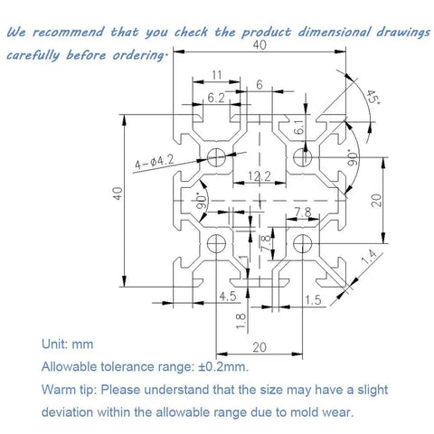 Technical drawing of 4 Pack V Slot 4040 Pro Grade Aluminum Extrusion Profile 19.7 Inch European Standard Anodized Linear Rail, 40x40 mm dimensions.